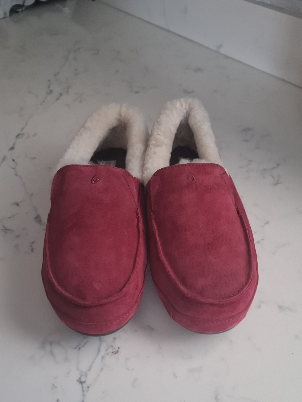 Olukai Womens Cozy Slip-On Moccasins in Burgundy with Plush Lining